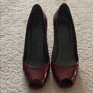 Stuart Weitzman Burgundy Patent Peep-Toe Heels